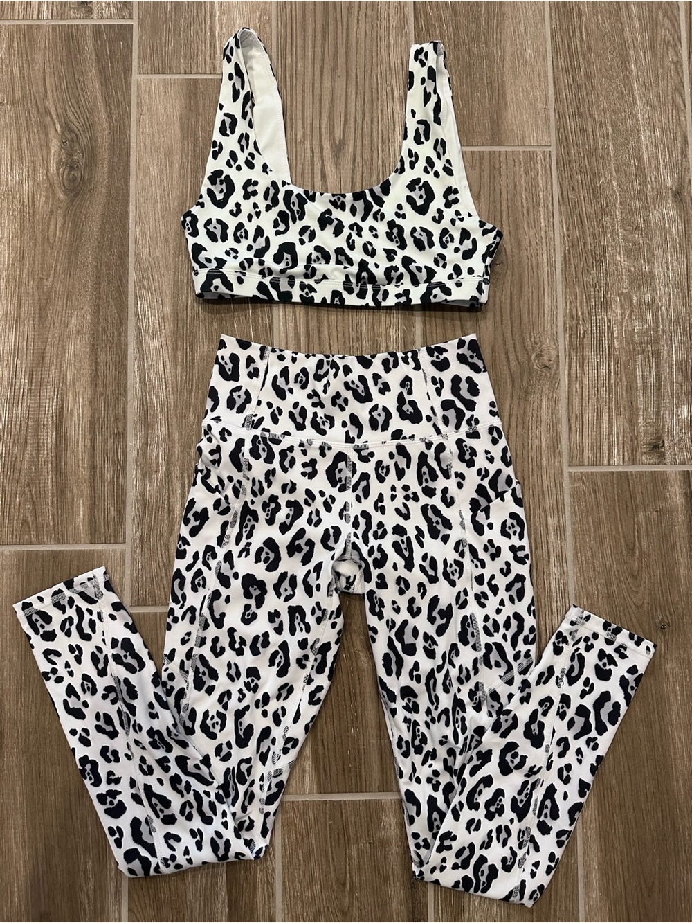 Fabletics White and Black Leopard Print Sports Bra & Leggings Set